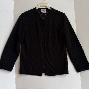 Ladies Vintage 60s Black Crochet Open-Front Acrylic Cardigan Made in Japan - Sm